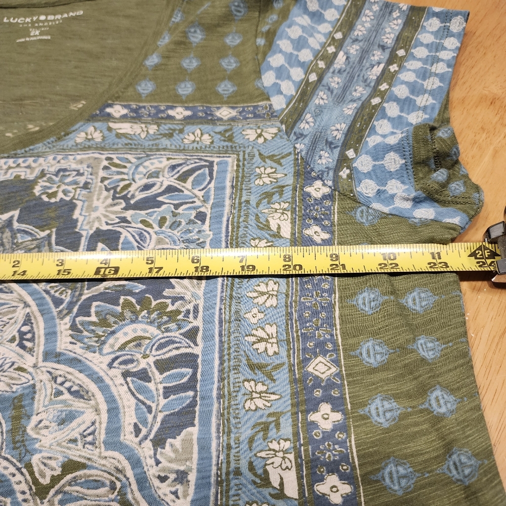 2XL Green white BANDANA print top LUCKY brand Western Print cotton Blend T Shirt - Picture 7 of 9
